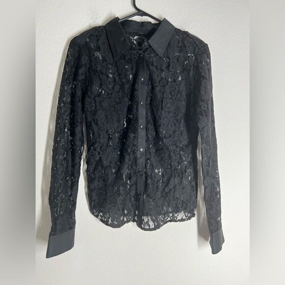 IKKS Bohemian Lace Black Button Down Blouse Shirt Size 42 EU/ M US - Picture 2 of 11